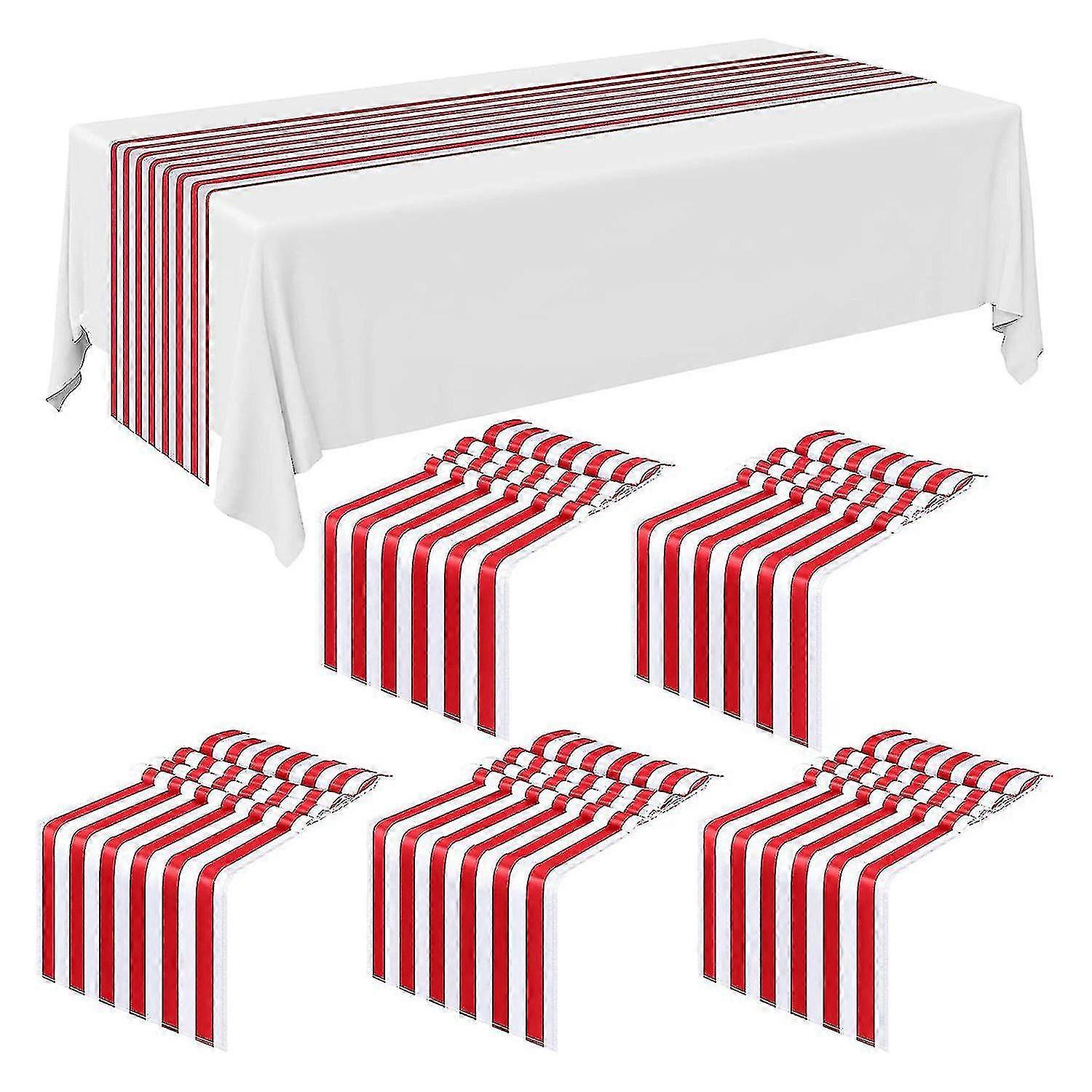 6 Pieces Striped Table Runner Wedding Polyester Table Decor Red White Striped Design Tablecloth Dec