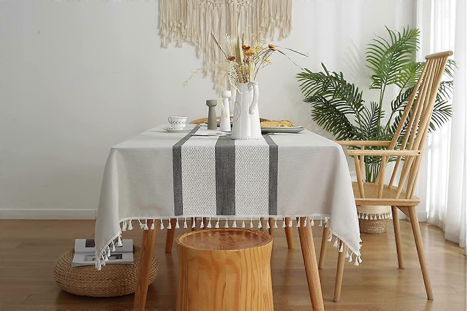 Linen Rectangle Tablecloth Table Cloth Heavy Weight Cotton Linen Dust-Proof Table Cover for Party Table Cover Kitchen Dinning (Three Stripes Gray, Squ