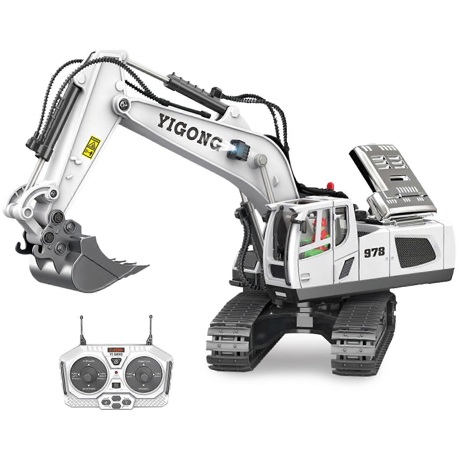 Remote Control Excavator Digger RC Construction Toys 1/20 11 Channel Diecast RC Digger Tractor with LED & Sound for Kids Toy