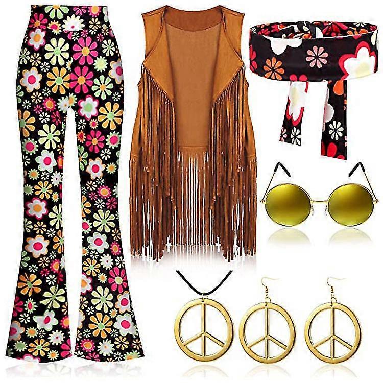 שנות ה -70 מסיבת היפי רטרו תחפושות אפוד פרנזים + מכנסיים + חליפת צעיף Newway