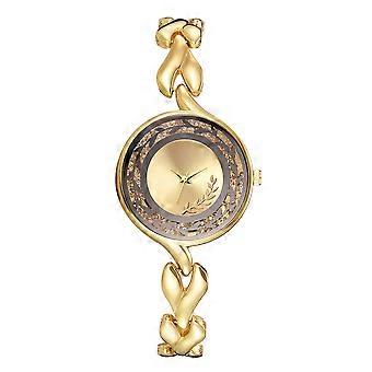 Mode Imprimé Feuilles Quartz Montre Femmes Montre-bracelet avec Décoration Strass (Or)
