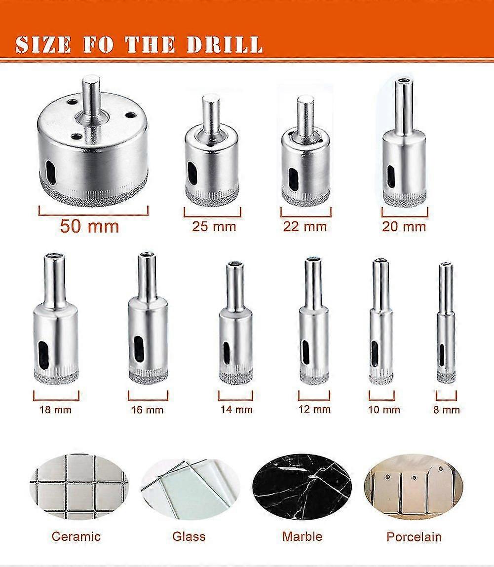 Diamond Drill Bit Hole Saw Accessory Set for Glass/Tile/Ceramic/Core Drilling Tool 8-50mm 10pcs