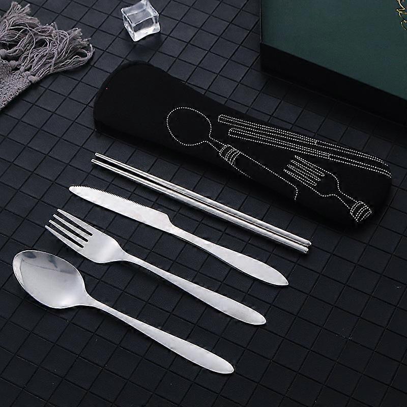 4Pcs/set Dinnerware Portable Printed Knifes Fork Spoon Stainless Steel Family Camping Steak Cutlery Tableware with Bag