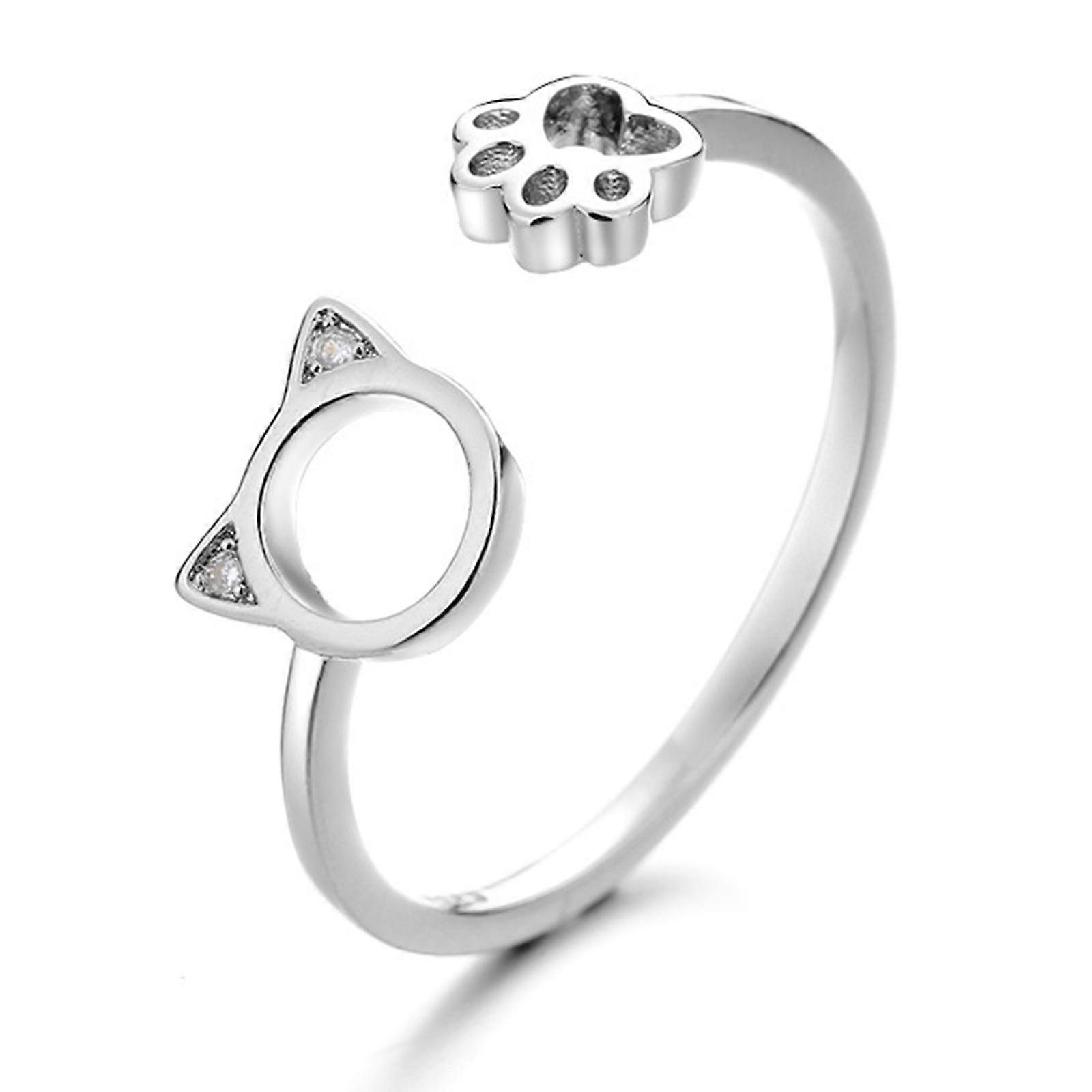 Vintage Crystal Cat Foot Adjustable Ring Silver Women