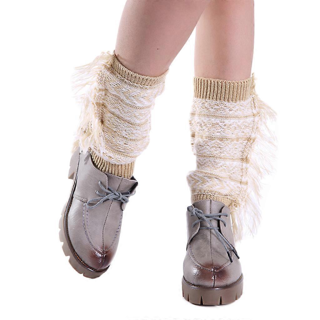 Femmes Bohème Botte Poignets Toppers Côté Frangé Glands Crochet Tricot Chaussettes Courtes Jambières Géométrique Rayé Motif Veau Collant Jaune