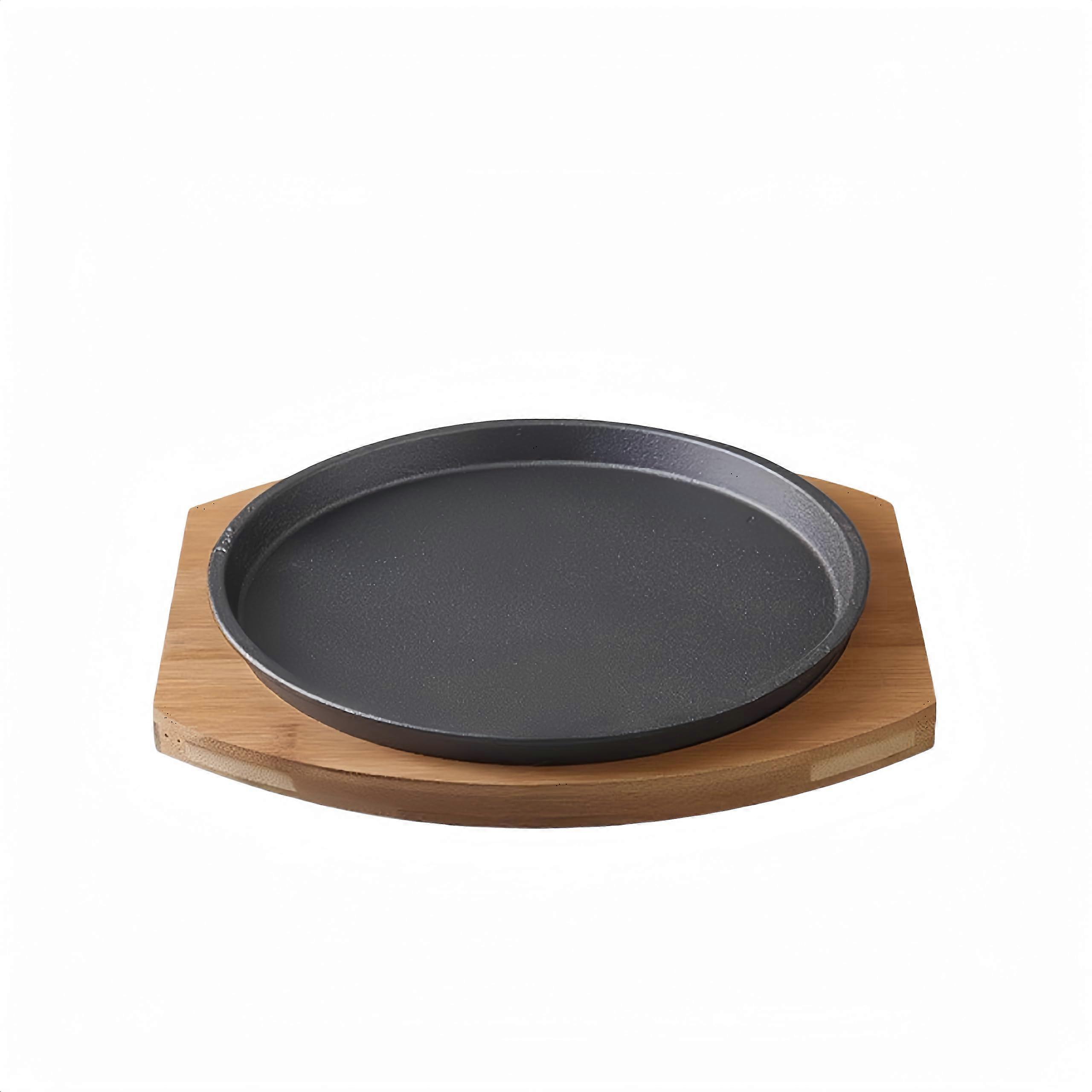 Round Cast Iron Non-Stick Pan for Dinner Plates with Wooden Base 23cm