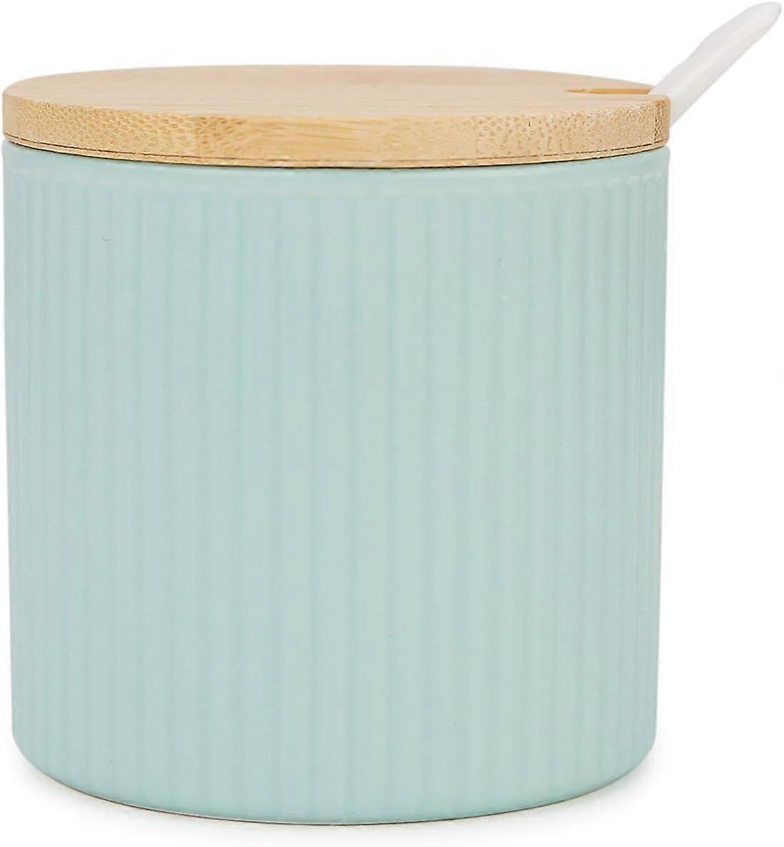 Ceramic Sugar Bowl, Sugar Pot with Wooden Lid and Porcelain Spoon 8.4oz/250ml in Stripe Shape, Matte Turquoise