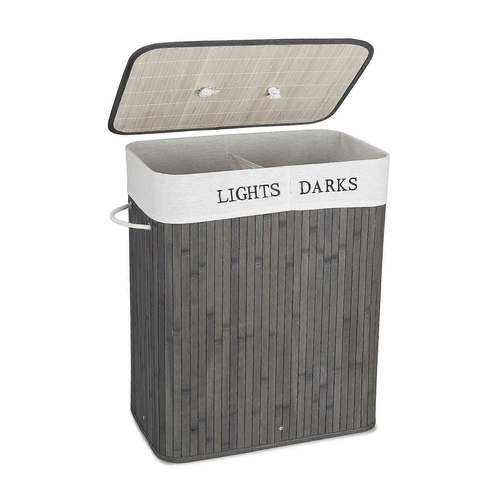 Laundry Basket 100L Bamboo Foldable Storage Box with Removable Cover and 2 Sections, Gray