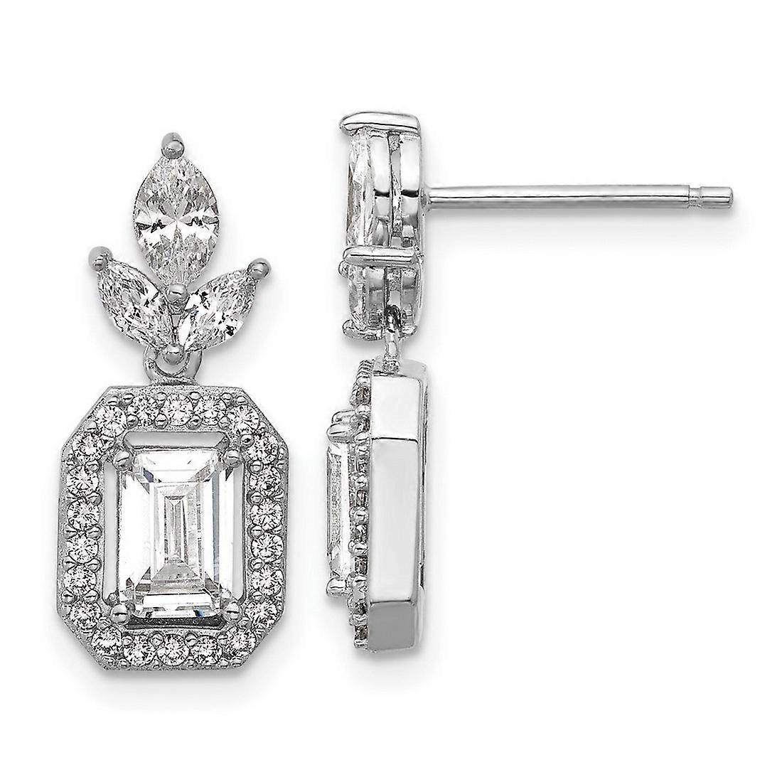 Ss Rhodium Plated Emerald-Cut Cubic Zirconia Halo Post Long Drop Dangle Earrings 19.2x8.2mm Wide-Dangle Earring for Wome
