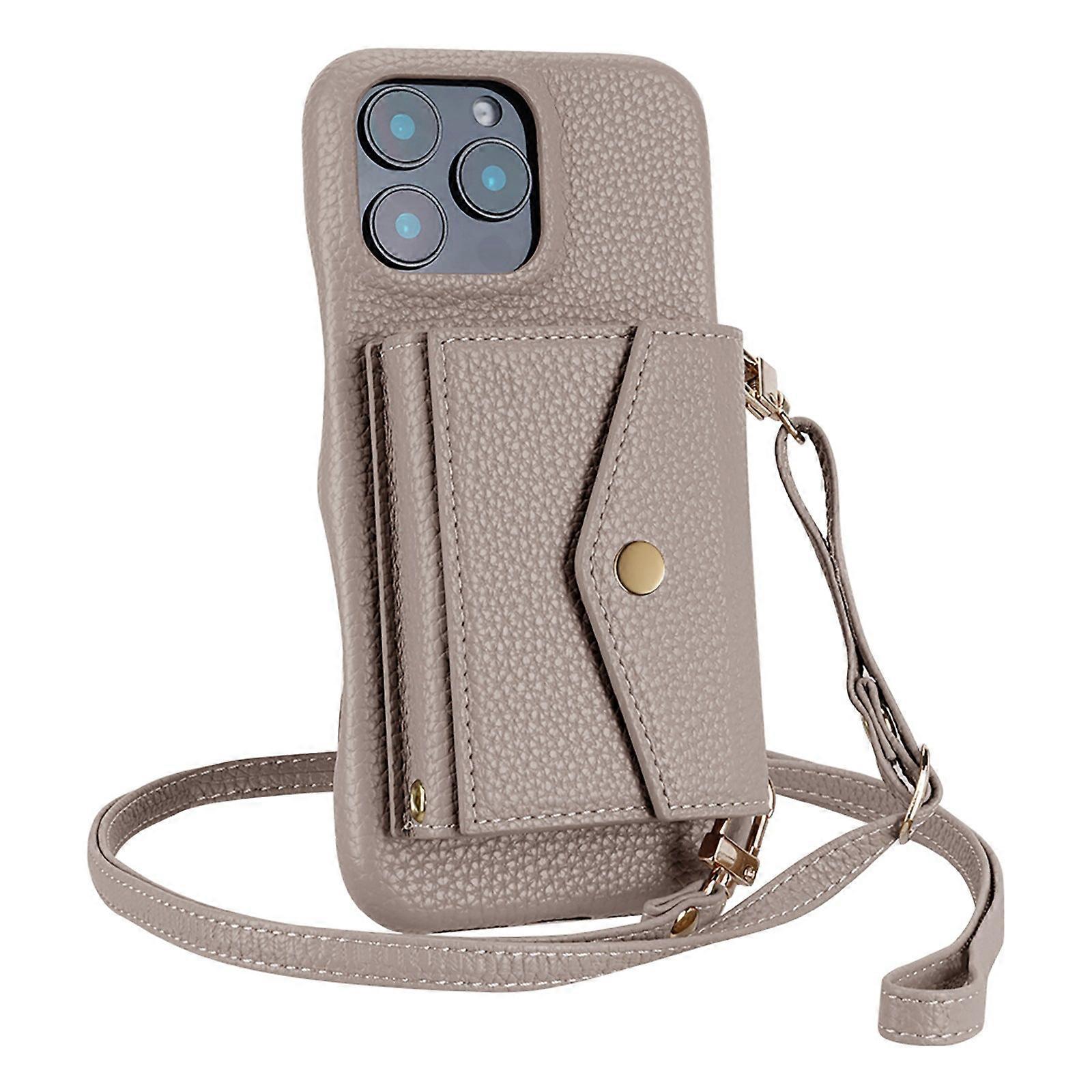 Case For Iphone 13 Pro Max Gray With Shoulder Strap Crossbody Wallet Card Holder Multifunctional L