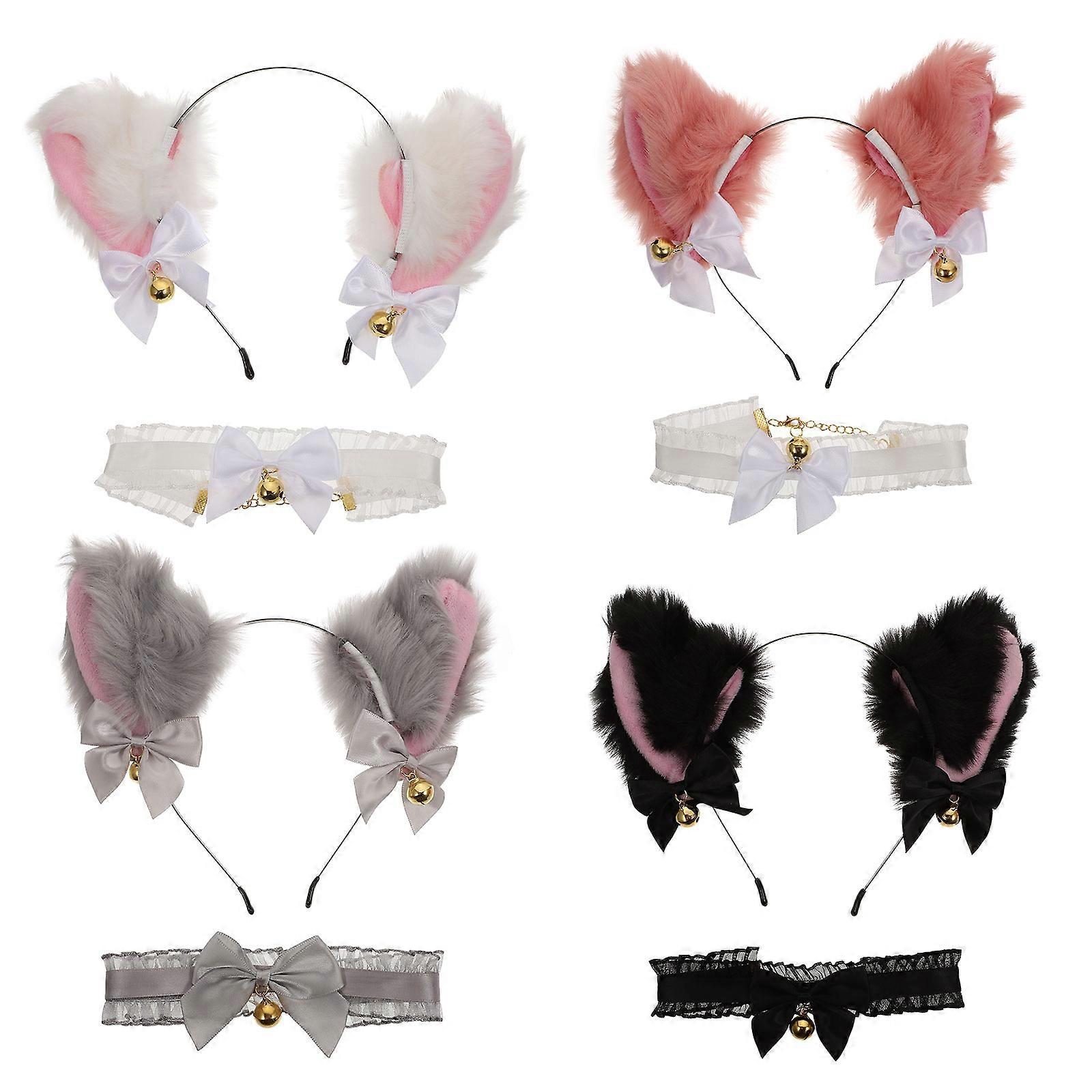 Creative Headband Collar Cat Ear Bell Headband Collar Kit Stage Performance Lace Pattern 4 Sets