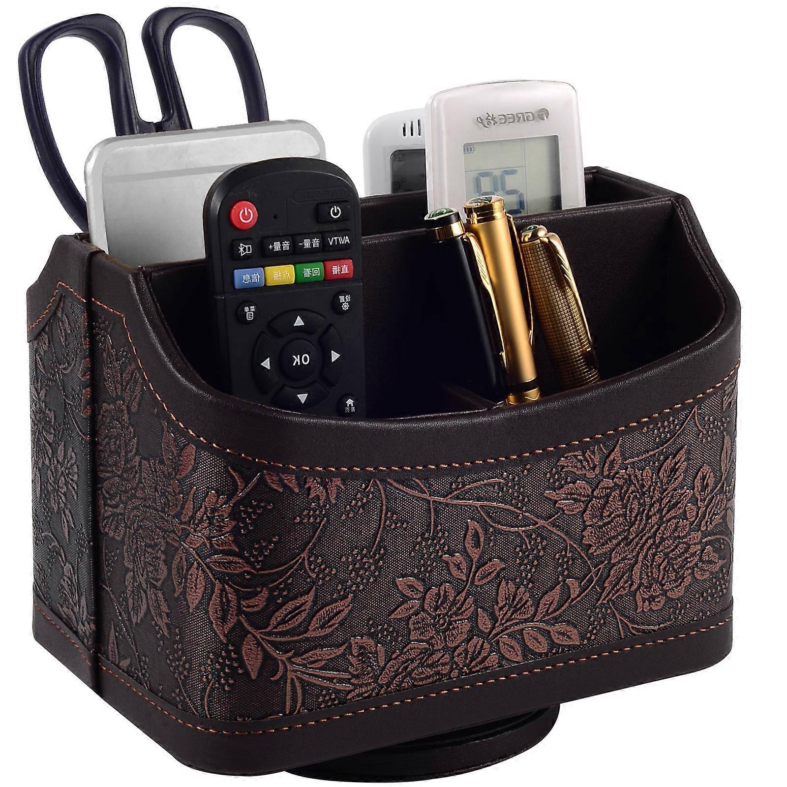 360 Degrees Rotating Desk Organizer Storage Box PU Leather Remote Control Holder