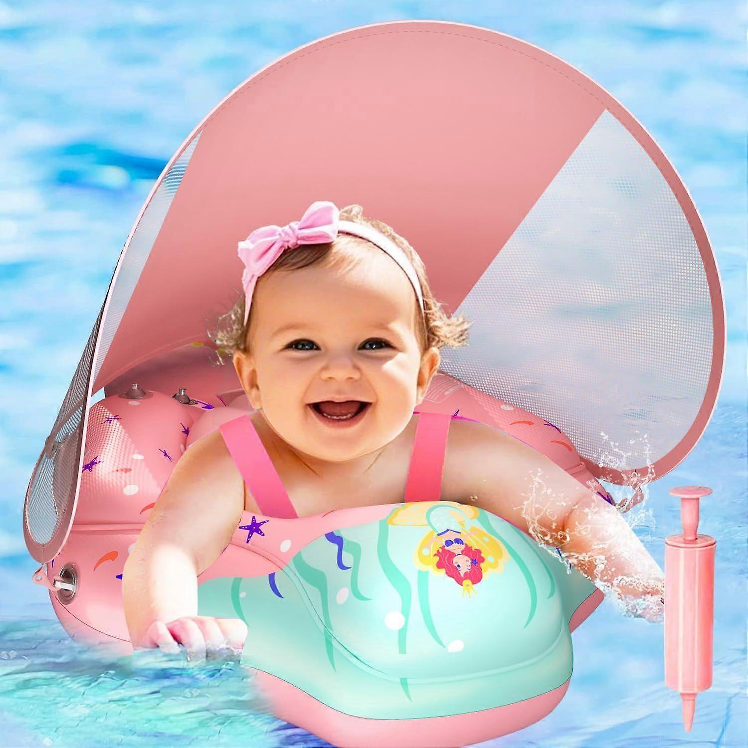 Baby Pool Float with UPF50+ Sun Canopy, Adjustable Safety Seat & Inflatable Balance Tail Ball - 3-36 Months (Pink, L)