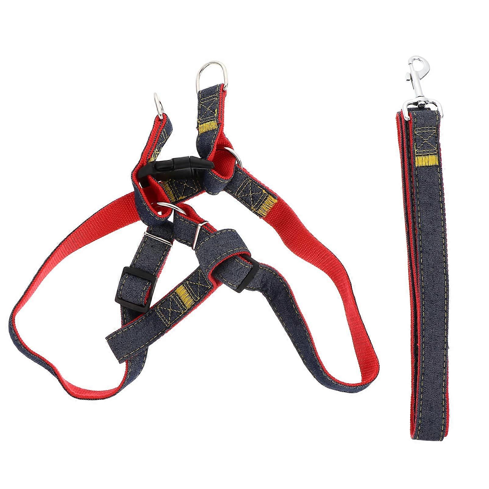 Pet Harness Retractable Dog Harness Set With Lead And Handle Chain, Red Denim, Adjustable Size, Cat Harness