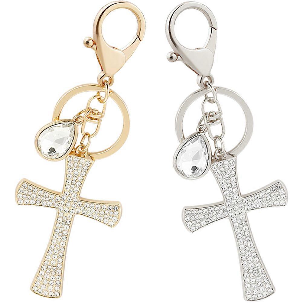 Golden Alloy Cross Keychain with Rhinestone Decoration for Car Keys and Bags Gifts
