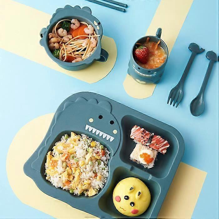 Green - Dinosaur Baby Tableware Set 6 Pcs Compartment Plate Complementary Food Bowl