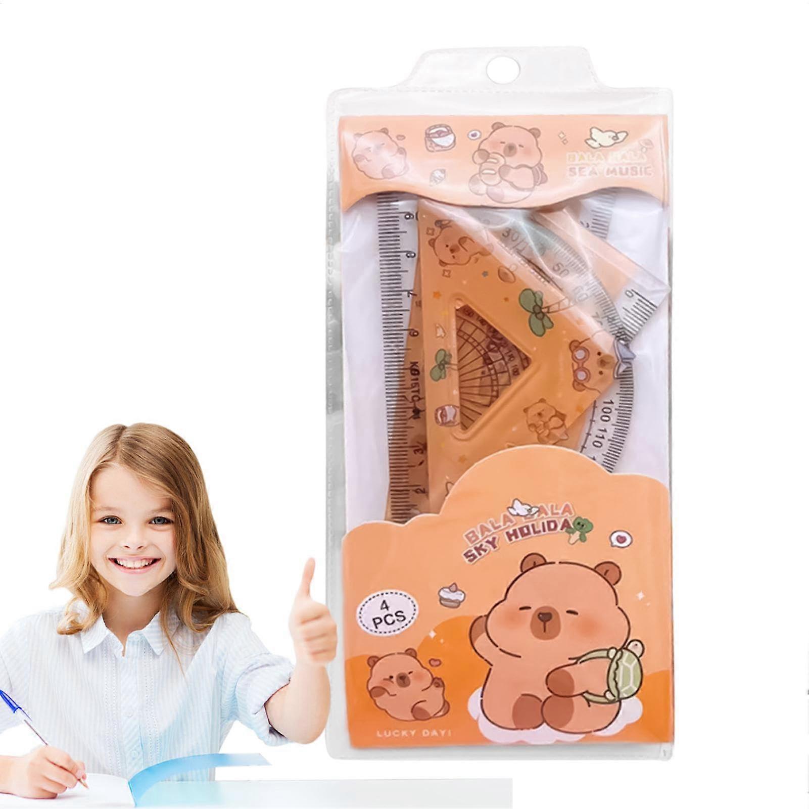 Ruler Set For Geometry, Kids Geometry Tools, Capybara Cartoon Rulers, 4 Protractors, Triangle Rulers, Multicolor