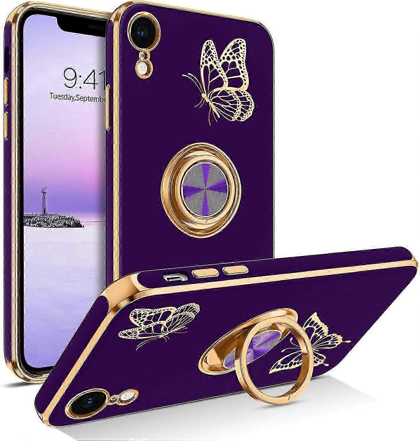 TIANYING for iPhone XR Case, Phone Case iPhone XR, Slim Fit Gold Butterfly Design Kickstand Ring Holder Shockproof Protection Soft TPU Bumper Drop Pro