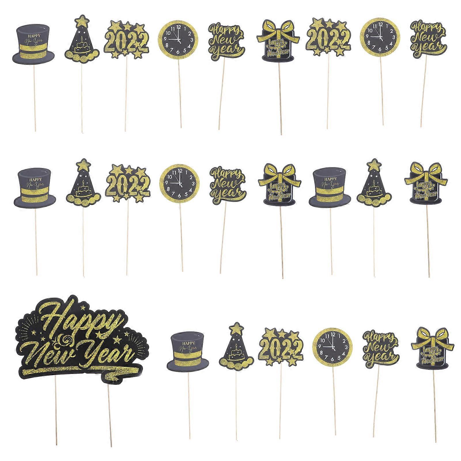 25Pcs Happy New Year Cake Toppers Cake Decoration For Festive Occasions 20x12cm Black Paper Crafts