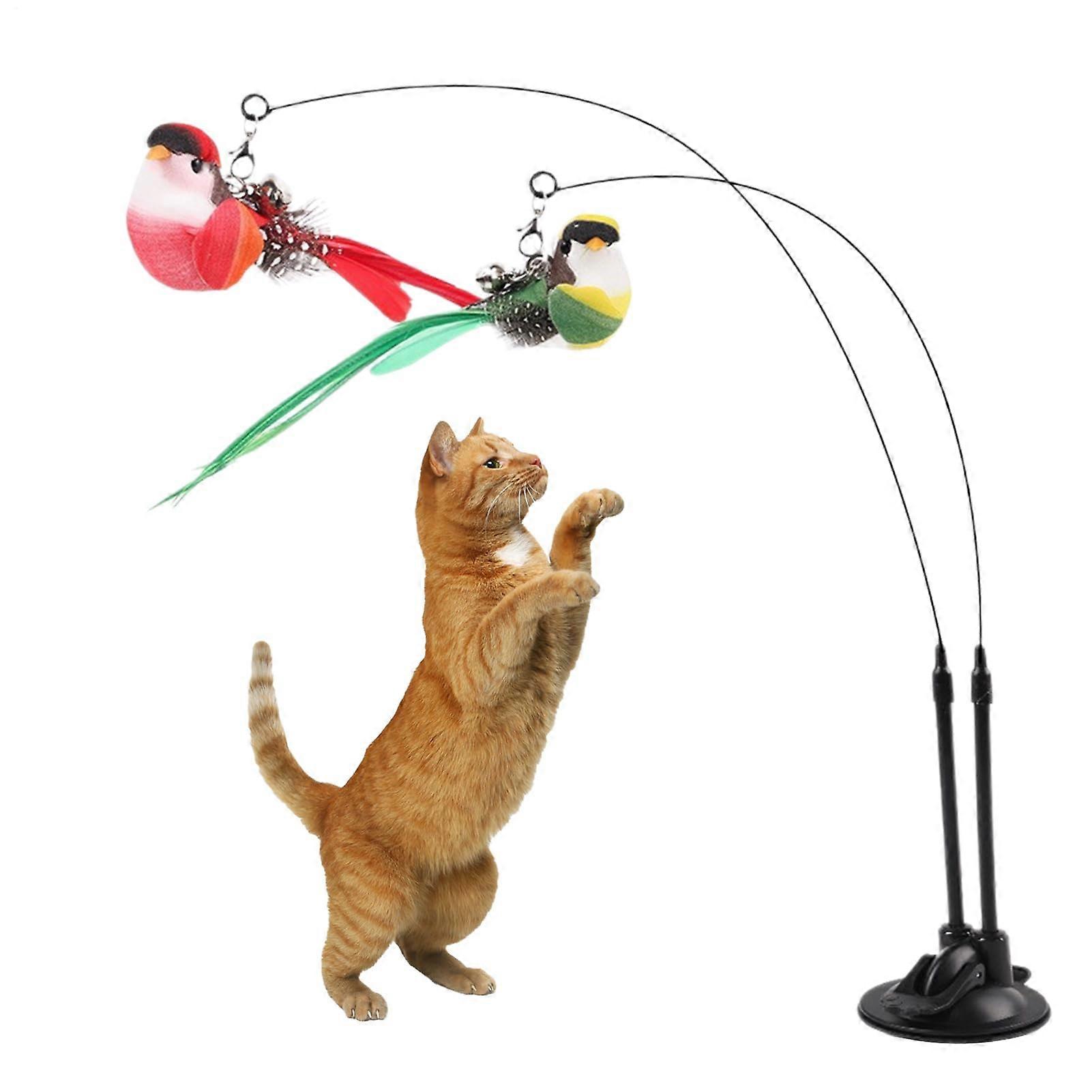 Cat Toy, 2 in 1 Interactive Cat Wand with Removable Suction Cup, Double Bird with Chirping for Hunting Training