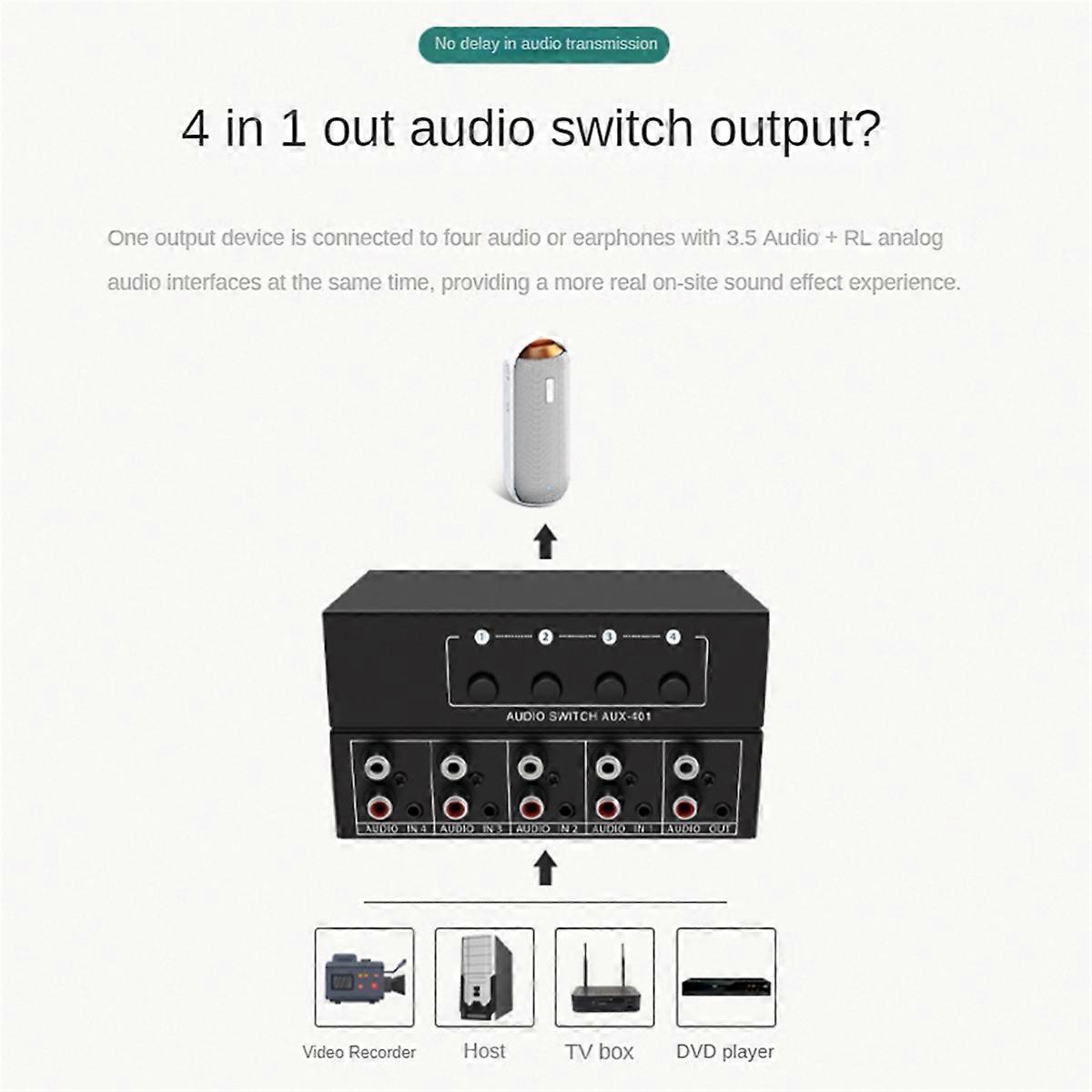 AUX Audio Switcher 4 in 1 Out Stereo Audio Selector 4X1 3.5mm Aux L/R Audio Switch Box Analog Audio Selector, A