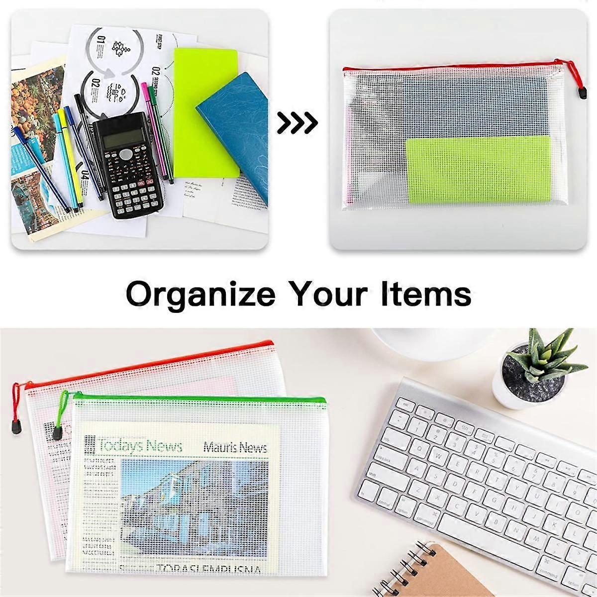 12Pcs A4 Zip Folders Mesh Zipper Pouch Document Bag, Plastic Zip File Folders, Letter Size/A4 Size
