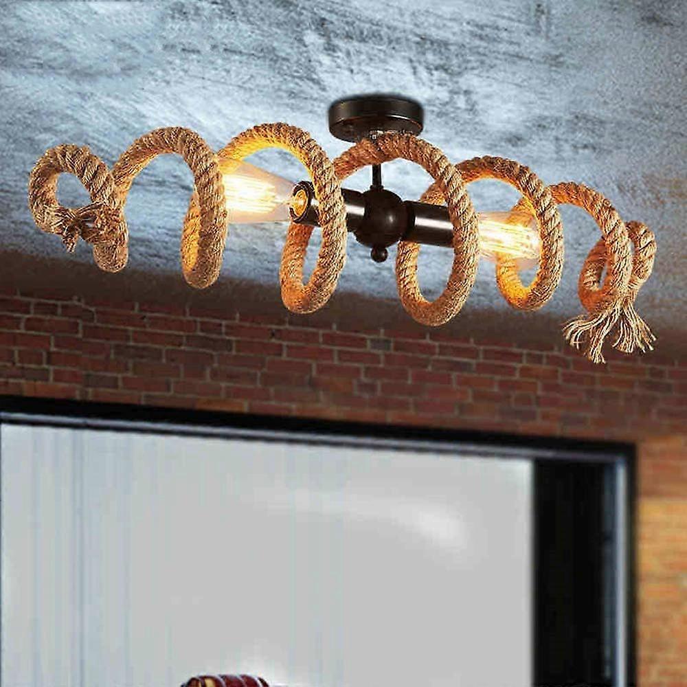 Hemp Rope Ceiling Light Retro Vintage Ring Rope Lamp E27 Socket 2-Flame Max 60W Iron Ceiling Lighting Length 70cm