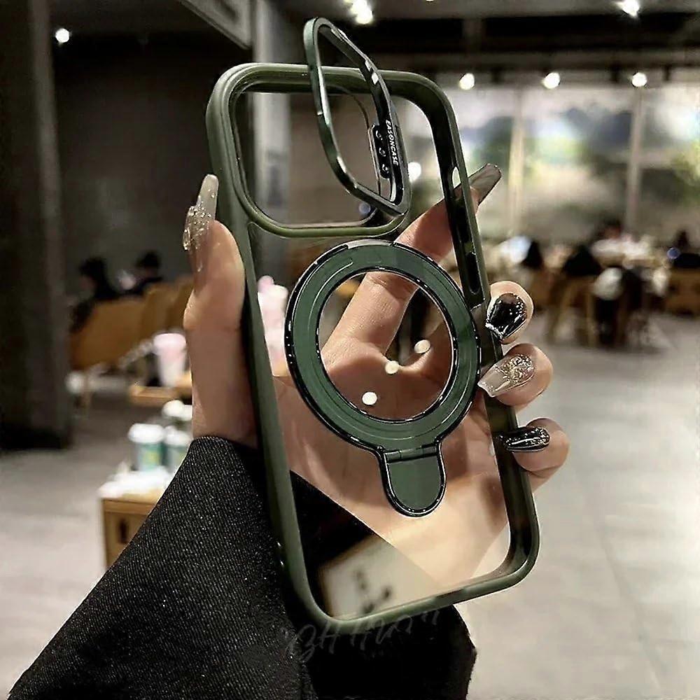 Luxury Ring Magnetic Glass Lens Stand Phone Case For iPhone 11 12 13 14 15 16 Pro Max 16 Plus Green