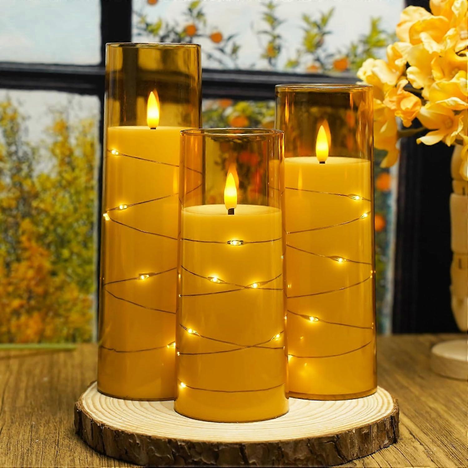 Flickering Flameless LED Candles 3Pcs with Embedded Star String Acrylic LED Pillar Candles with Remote for Home Decoration
