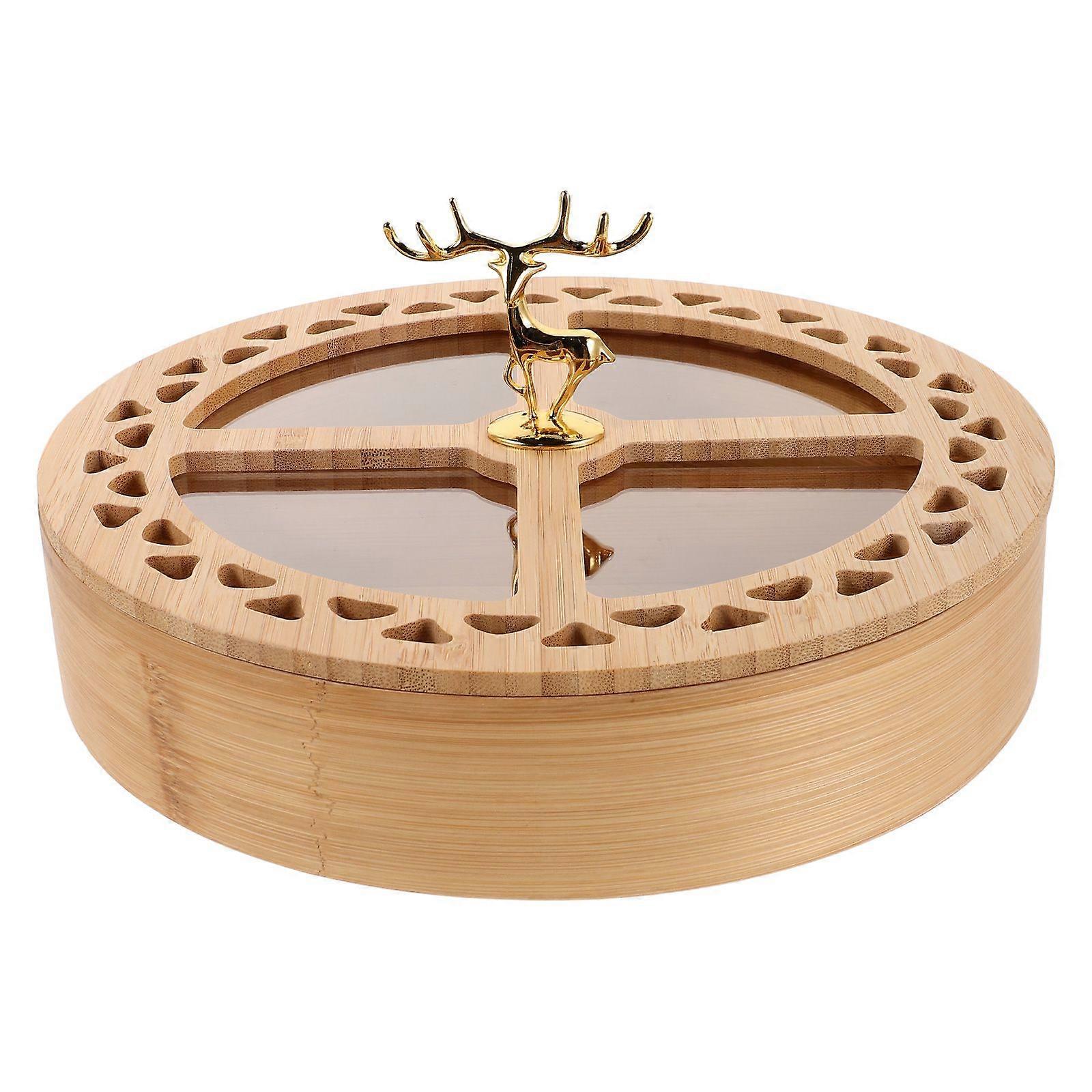 Four Compartment Snack Container With Lid - Divided Serving Dish Bamboo Dried Fruit Tray - Storage Organizer For Candy And Nuts