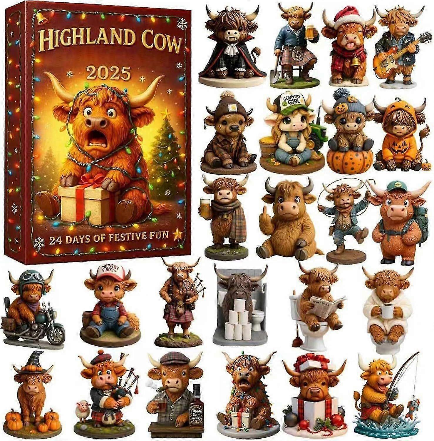 2025 Highland Cow Advent Countdown Calendar, 24-day Christmas Countdown Calendar, Comes With 24 Different 3D Miniature Highland Cow Decorations, Cute