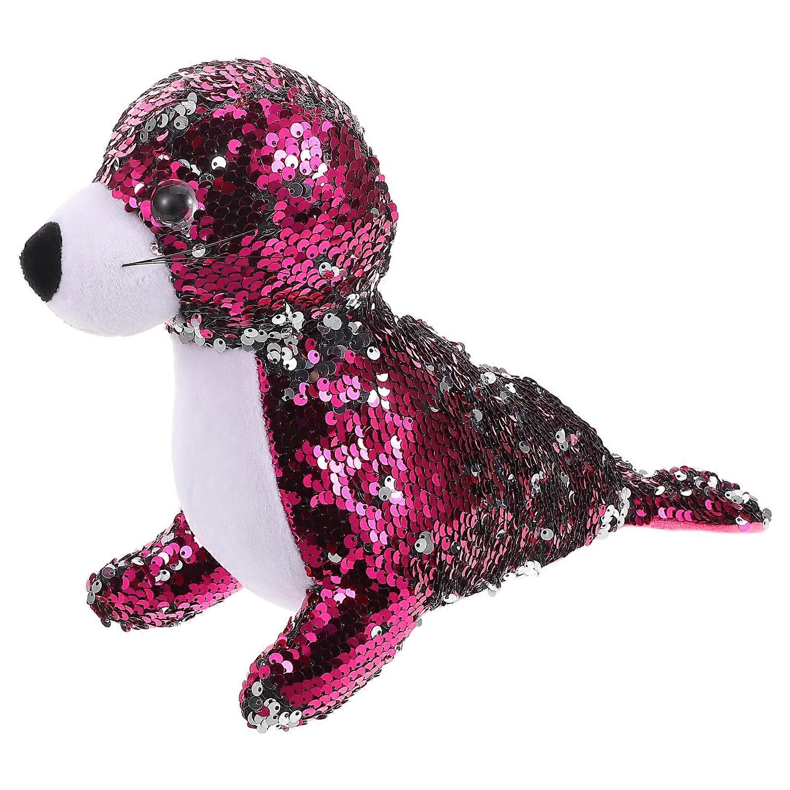 Reversible Sequin Sea Lion Plush Toy for Kids in Rosy Color