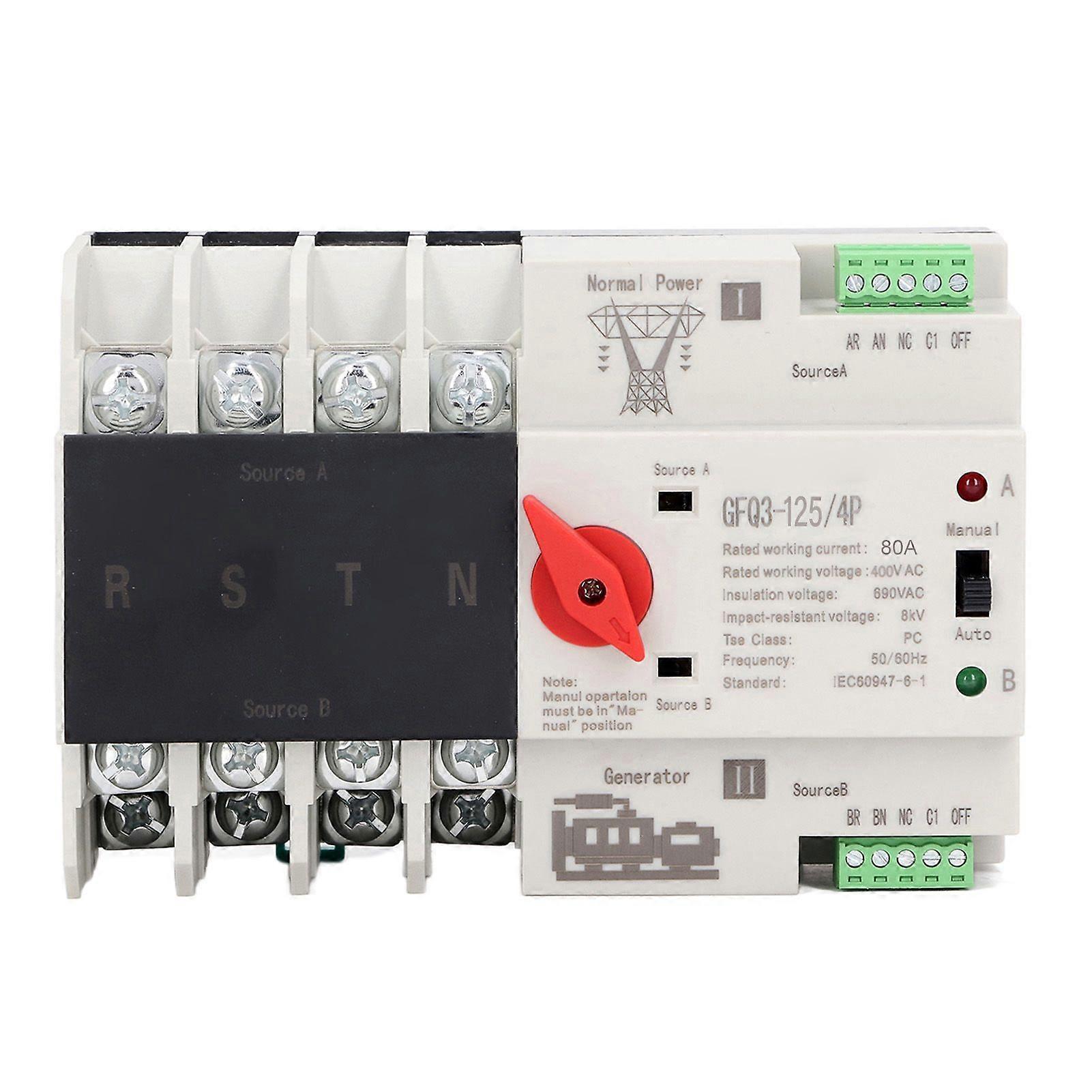 4P AC400V 80A Dual Power Automatic Transfer Switch ATS Changeover Timing Controller Switch 50 60Hz