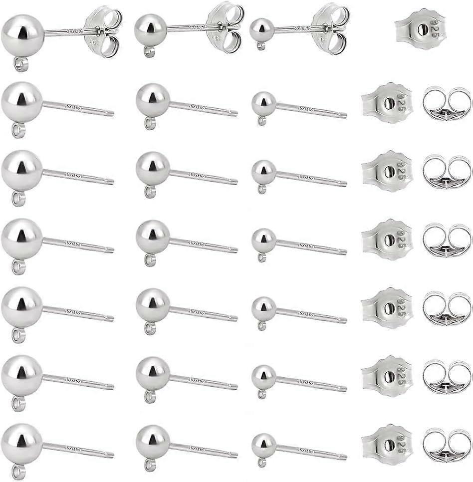 30 Sets 925 Sterling Silver Earring Posts Platinum Plated Earring Making Kit 3 Sizes Stud Earring Posts with Loop Round Ball Stud with 30pcs Ear Nut B
