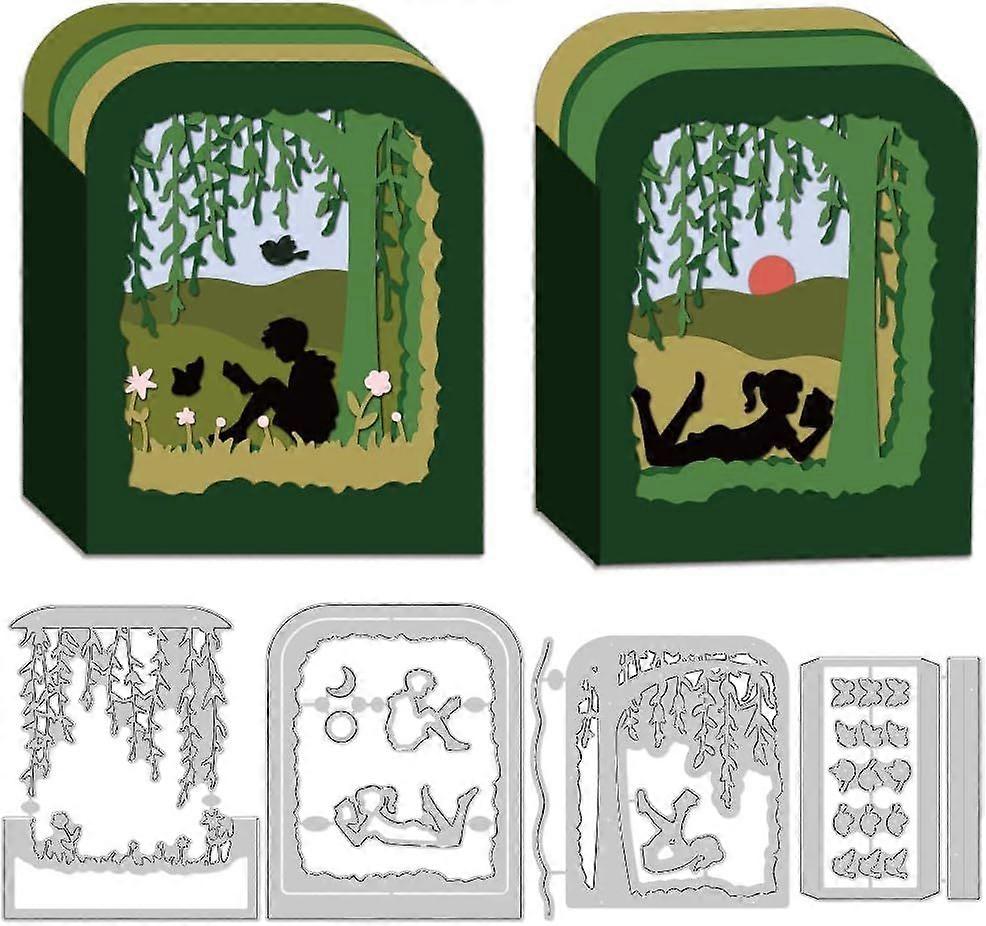 3D Reading Box Cutting Dies for Card Making Layerd Spring Willow Scenery Dies Carbon Steel Cut Die Border Stencils Scrapbooking Embossing Template for