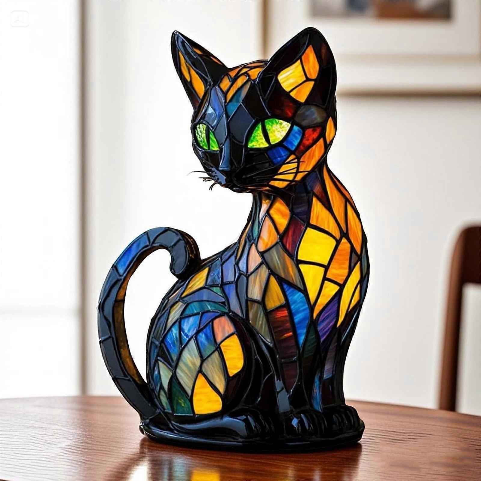 Stained Glass Cat Table Lamp with Warm Ambient Lighting, Vintage Design, Durable Resin Base for Bedroom Decor