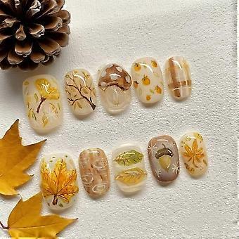 24Pcs Short Square Autumn Press On Nails with Glue, Glossy Leaf Design Fake Nails for Women