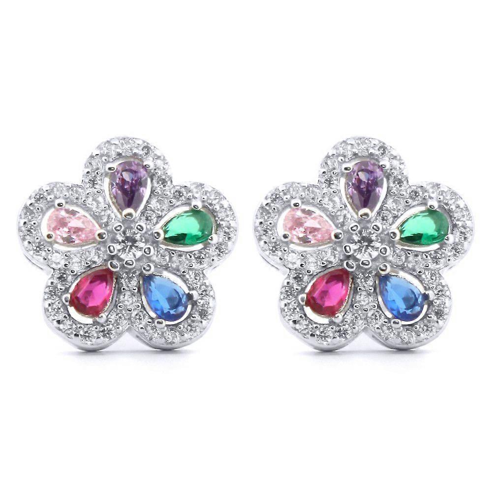 Jewelco London Rhodium Silver Rainbow Pear CZ Encrusted Hippy Daisy Flower Stud Earrings