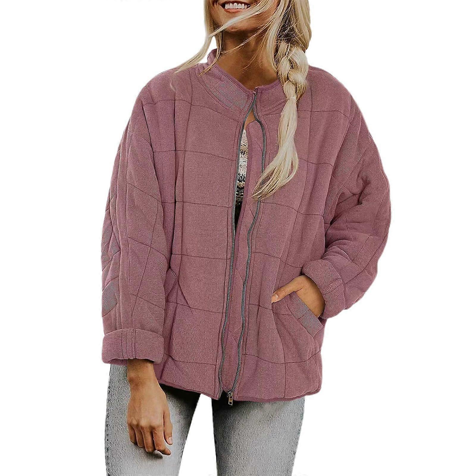 Women's Quilted Jacket with Pockets Lightweight Warm Full Zip Stand Collar Winter Coat