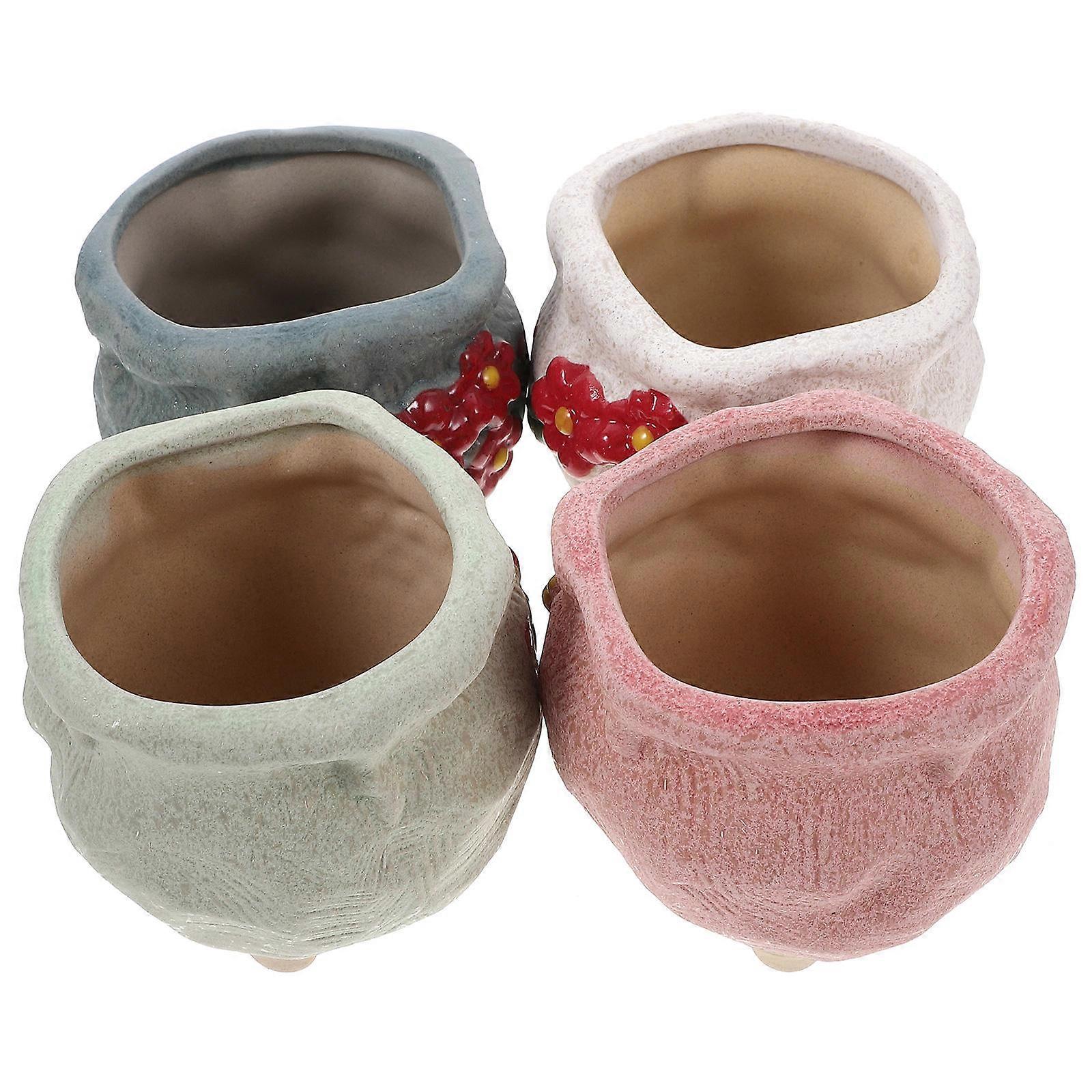 Ceramic Flowerpot Decorative for Storage Use 4Pcs Hand Printed Set