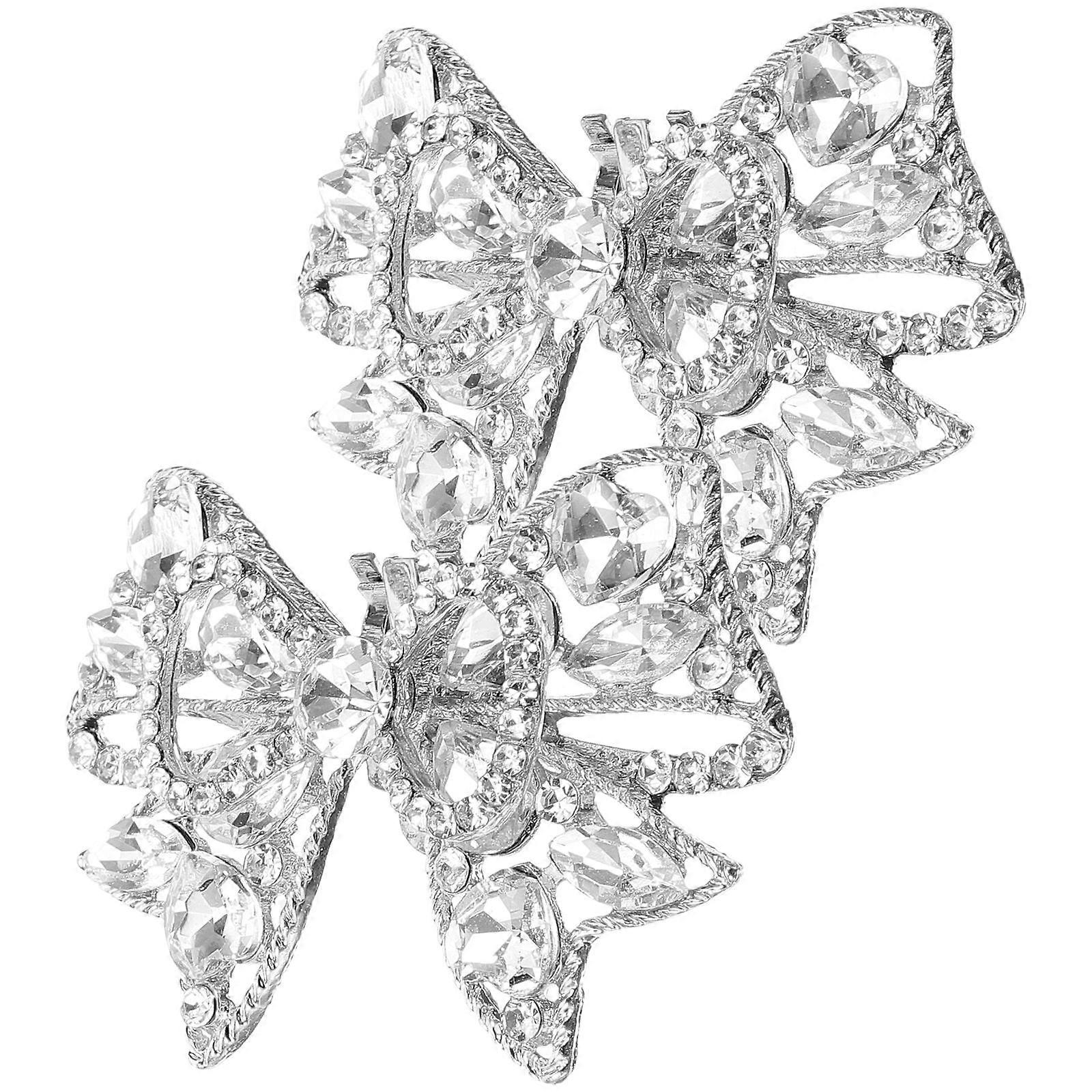 Silver Rhinestone Shoe Buckles Bow for 1Pair Removable Shoe Clips