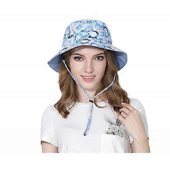Femmes Bucket Hat Packable Coton Réversible Chapeau De Soleil avec Cordon Détachable, Bleu