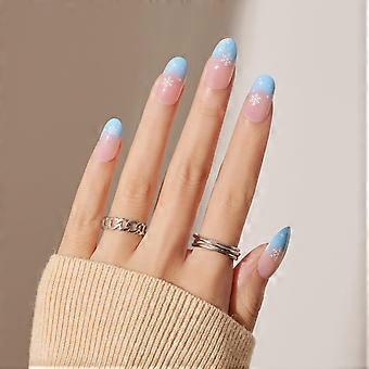 Winter French Tip Press on Nails Snowflake Holiday Acrylic Fake Nails Medium Oval Nude Design 24Pcs