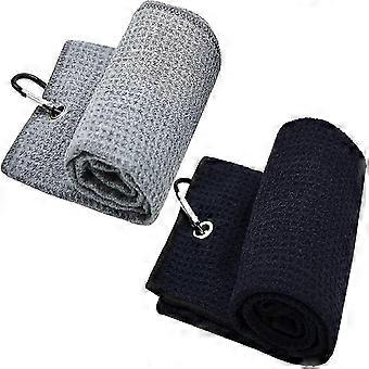 2 stuks microvezel golfhanddoek met clip voor golftassen Fitness Sport Outdoor Yoga (zwart + grijs, 2)