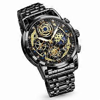 Men's Quartz Watch Black Steel Bracelet Black Dial Gold Indices Multifunction Waterproof Luminous Casual Business JY
