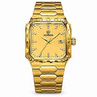 Men's Square Quartz Watch Gold Dial Steel Band Calendar Waterproof Business Fashion BINBOND JY