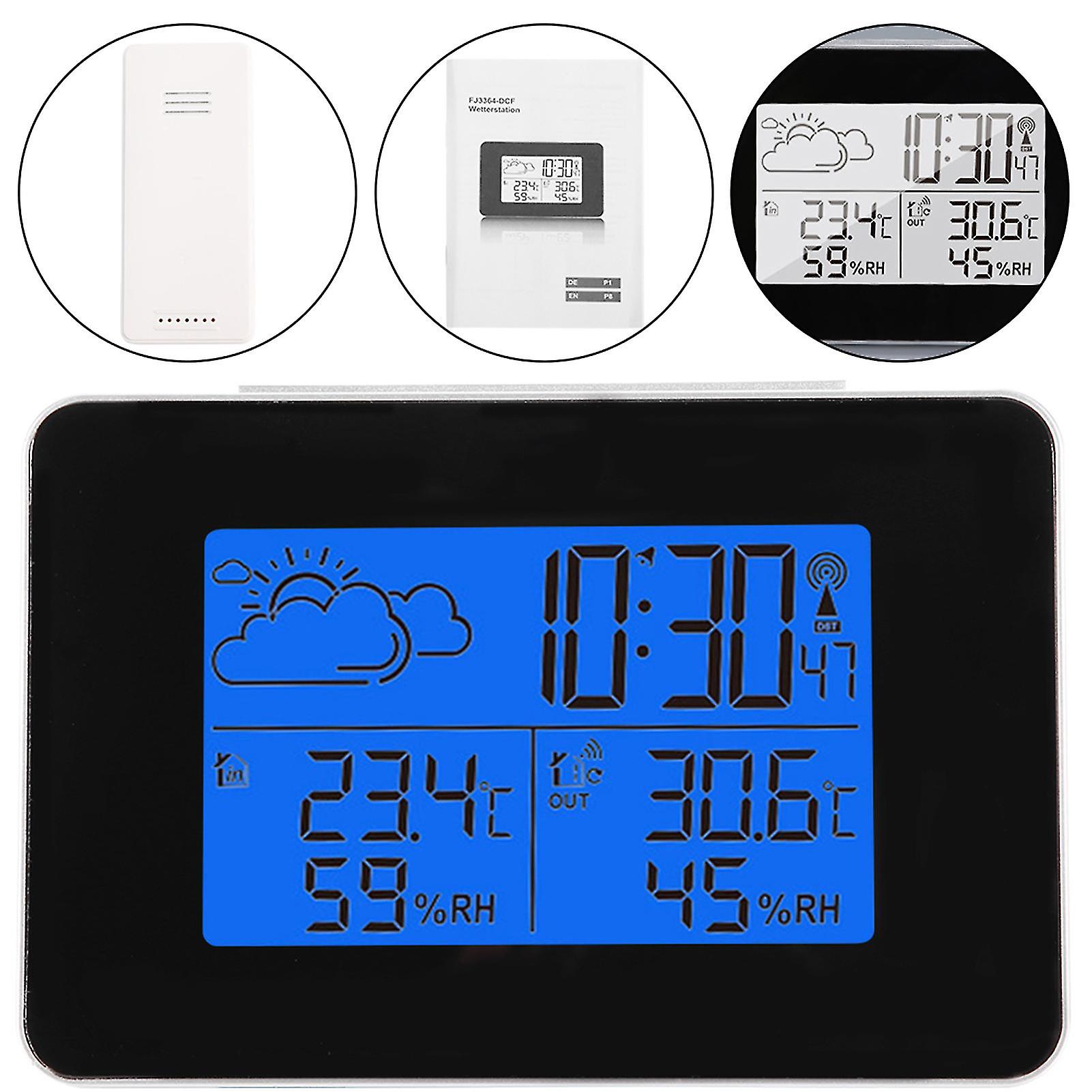 Wireless LCD Weather Station Digital Alarm Clock with Indoor Outdoor Sensor, Forecast Display, Temperature and Humidity Monitor