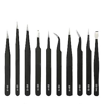 10x Stainless Steel Anti-static Precision Esd Tweezers, Suitable For All Types Of Maintenance Black Pointed Elbow Straight Nose Bird's Nest Hair Lifti