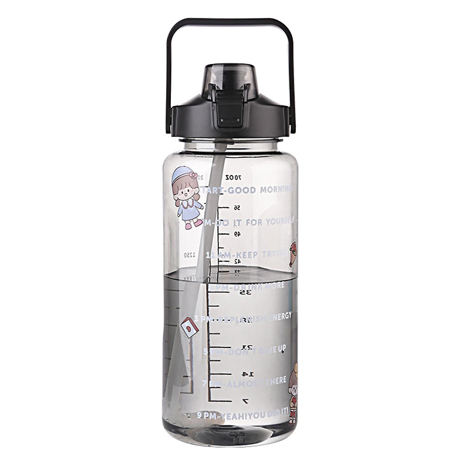 2000ml Large Water Bottle Leakproof High Temperature Resistant Motivational Water Bottle with Straw and Time Marker Black
