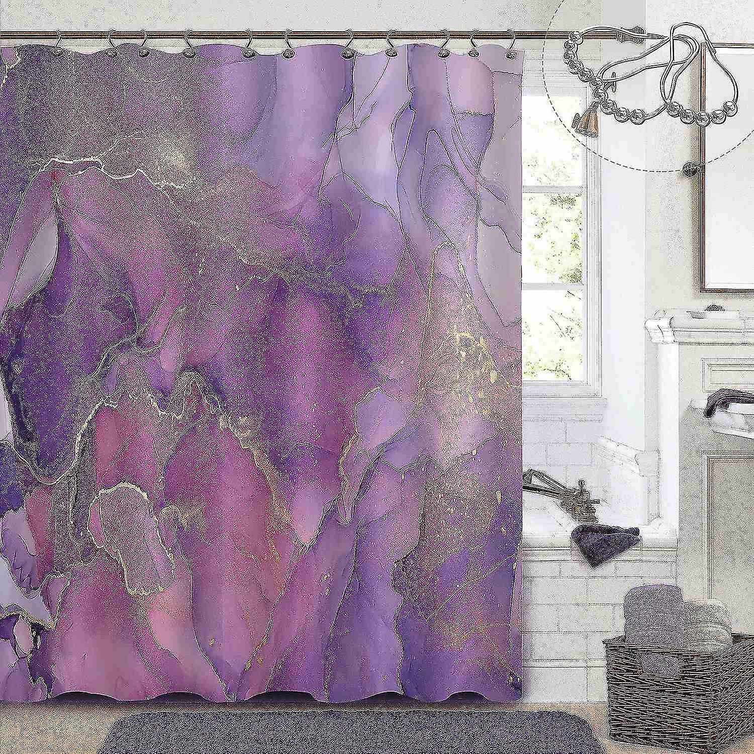 紫の大理石のシャワーカーテン、バスルームのための抽象的なラベンダーゴールドファブリックシャワーカーテン、モダンなエール